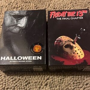 Halloween and Friday the 13th action figures with accessories.